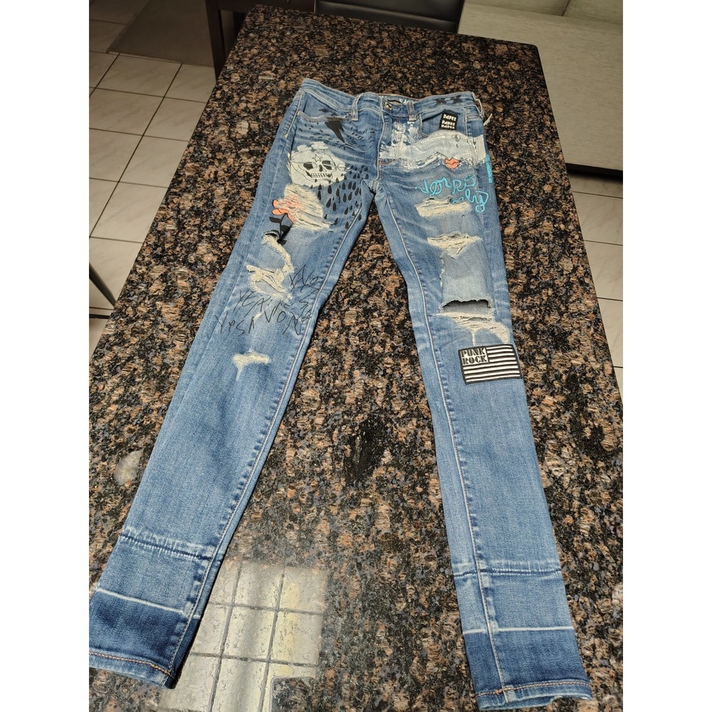 American Eagle Super Stretch Distressed Punk Rock Graphic Jeans Light Wash Women